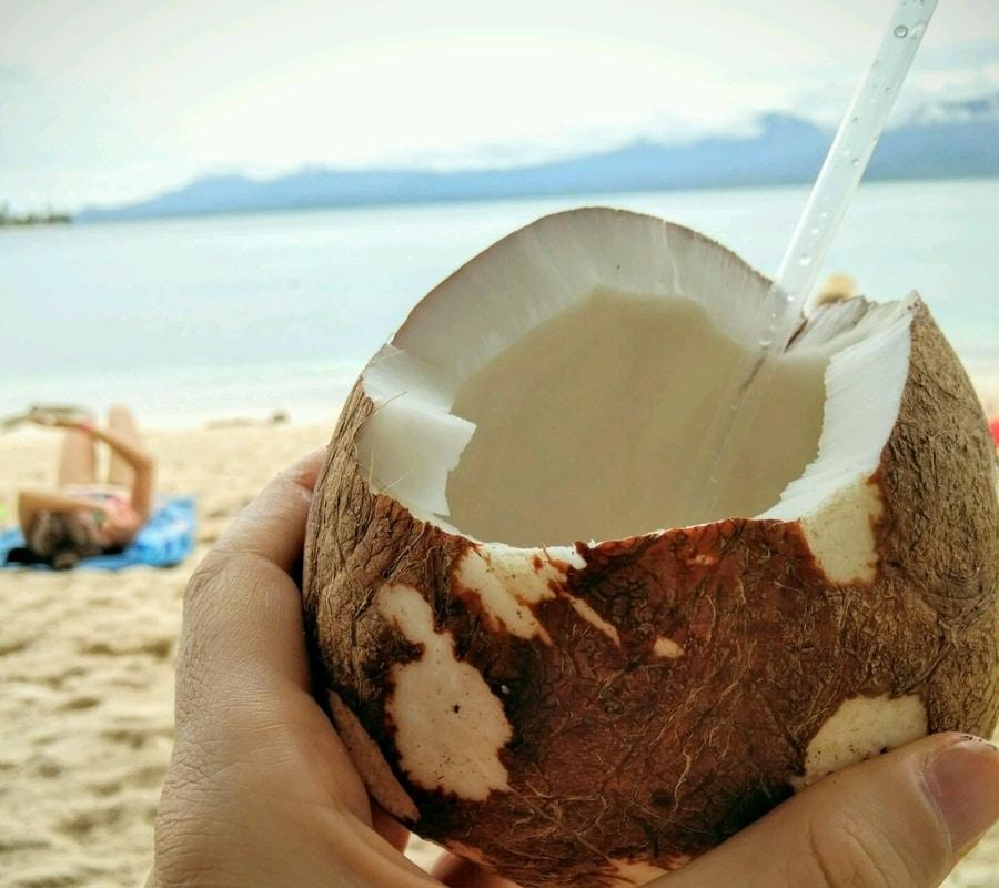 Drinking coconut juice on Ina's Island at San Blas Archipelgo in Panama